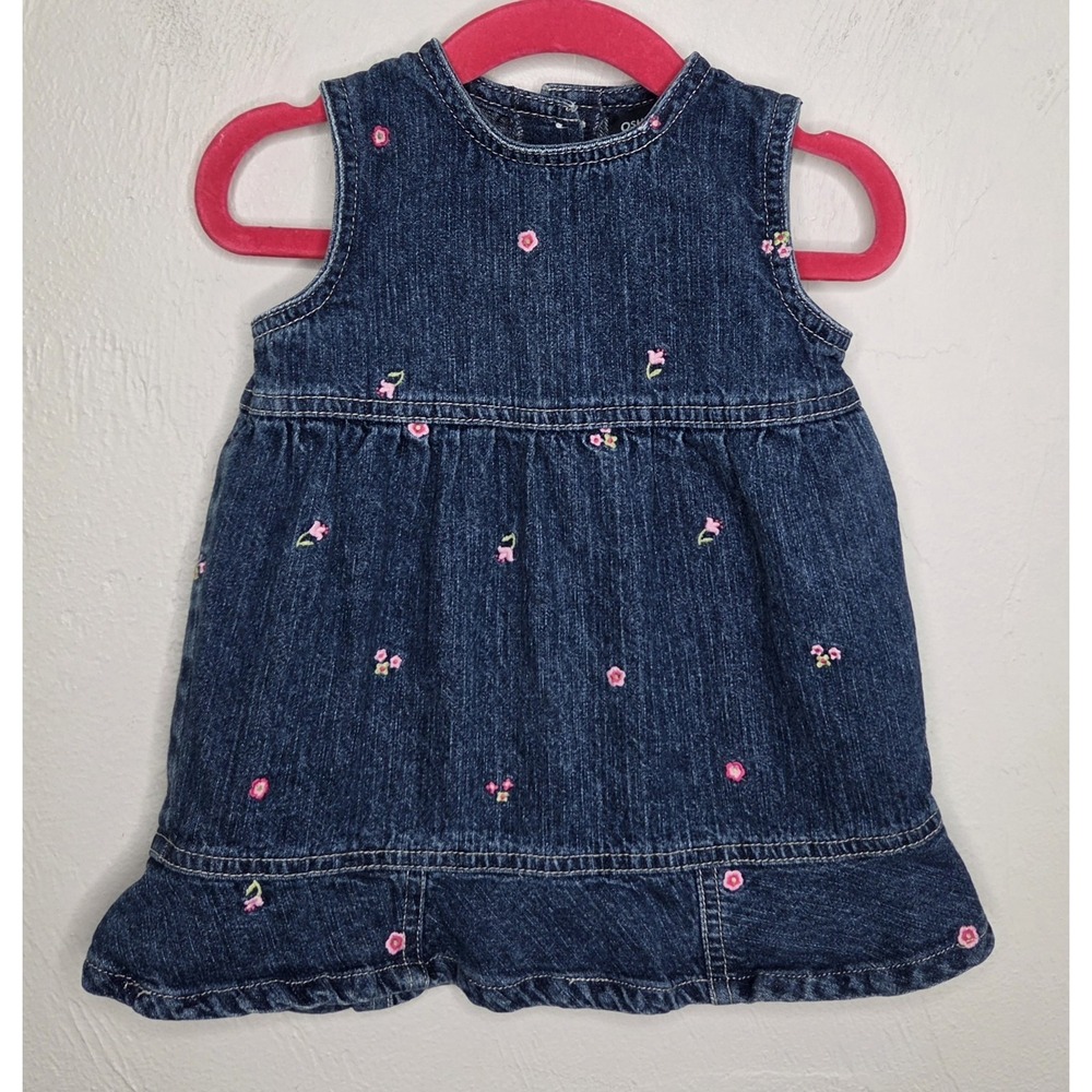 Vintage Y2k OshKosh Blue Baby Denim Dress Embroidered Flowers Size 18 Months